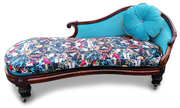 The beautiful Victorian Chaise reupholstered in fabulous 'Becca Who' Dragonfly fabric.