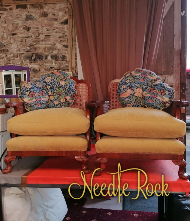 Bergère Sofa upholstered in yellow fabric with William Morris Strawberry Thief complementary cushions. 