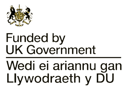 About Us: Funded by UK Government with bilingual text in English and Welsh, featuring the UK Government crest.
