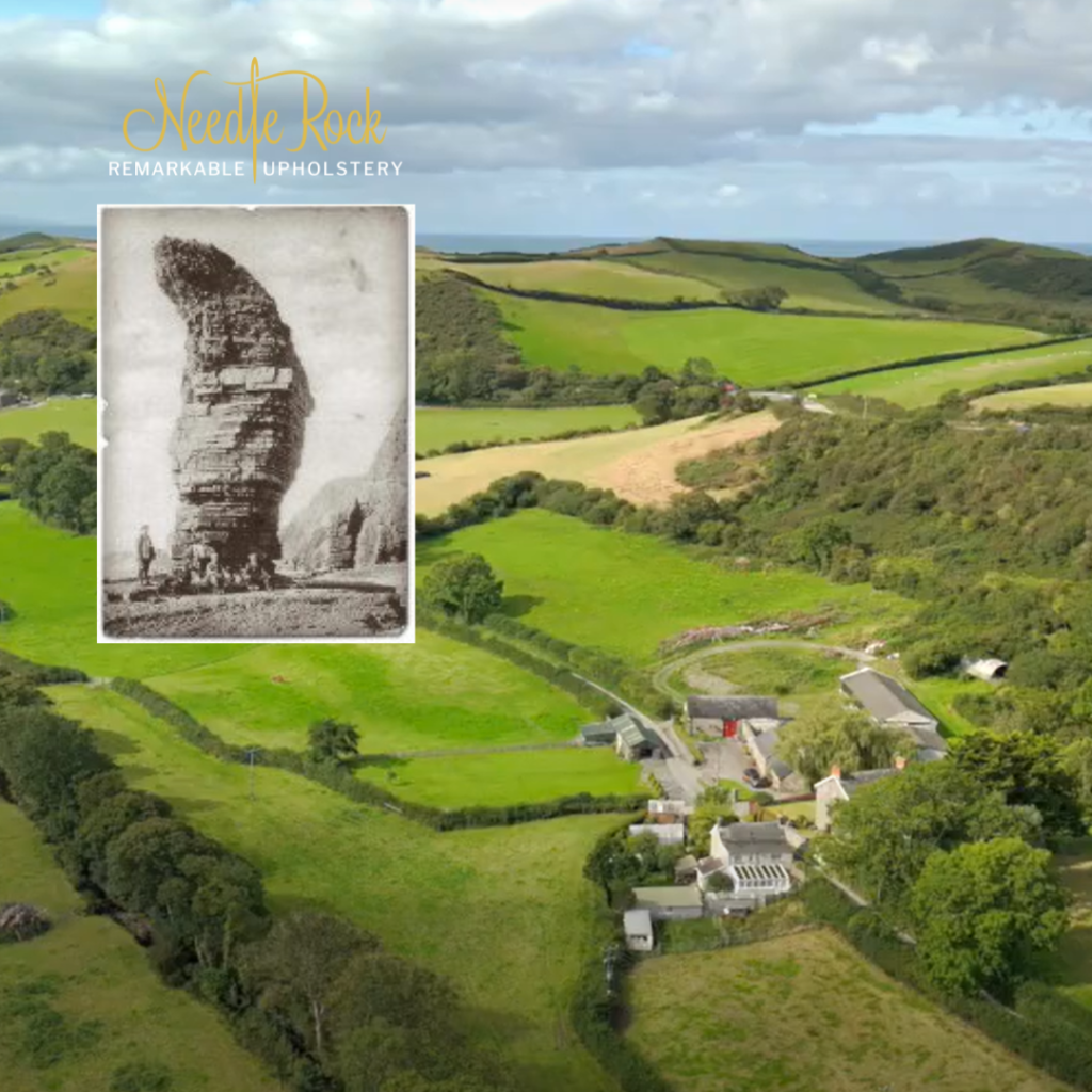 Image of the Needle Rock Workshop and the rolling valley with the Gull's Needle on the left hand side with the Needle Rock Logo.