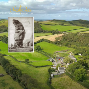 Image of the Needle Rock Workshop and the rolling valley with the Gull's Needle on the left hand side with the Needle Rock Logo.