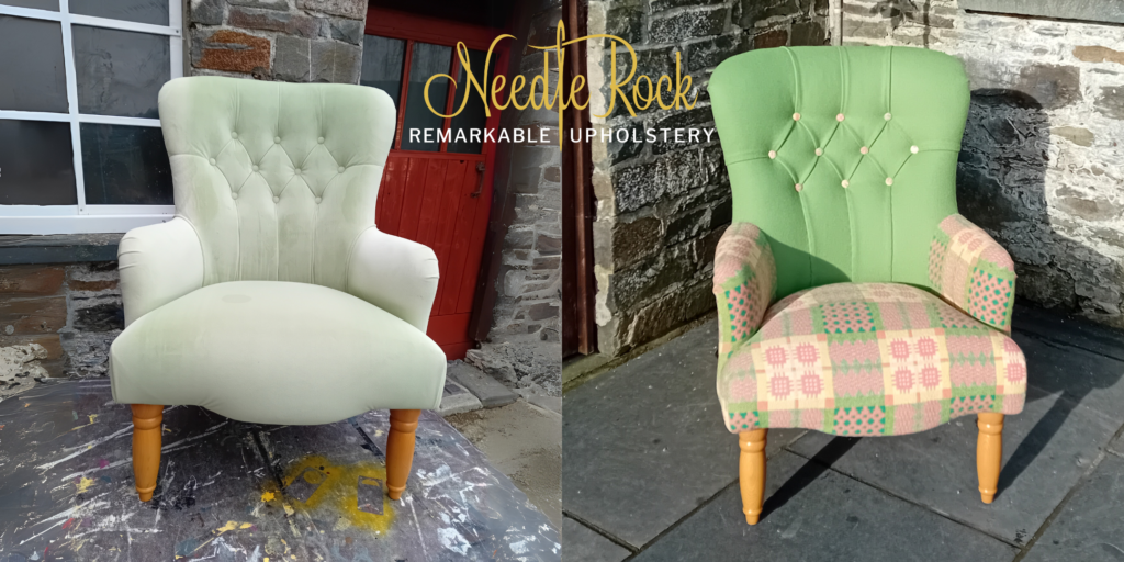 Before and after transformation of a Laura Ashley chair, reupholstered using a treasured Welsh blanket. A perfect blend of tradition and creativity by Needle Rock.