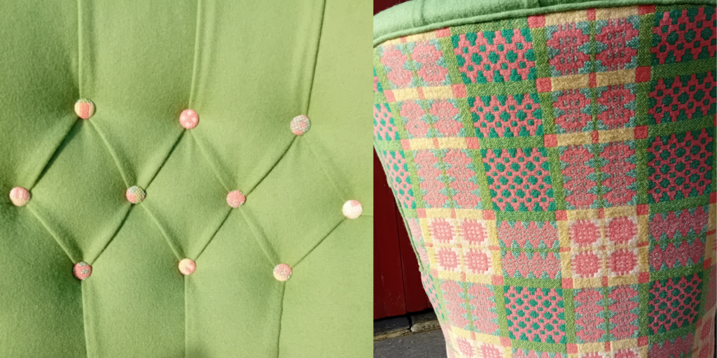 Close-up of the detailed buttoning on the Welsh blanket chair. Each button showcases a unique section of the blanket's vibrant pattern.